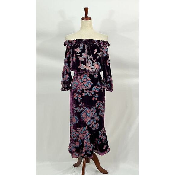 SALONI Sz 2 US 6 UK Plum Purple Floral Grace Off The Shoulder Dress - Picture 6 of 10